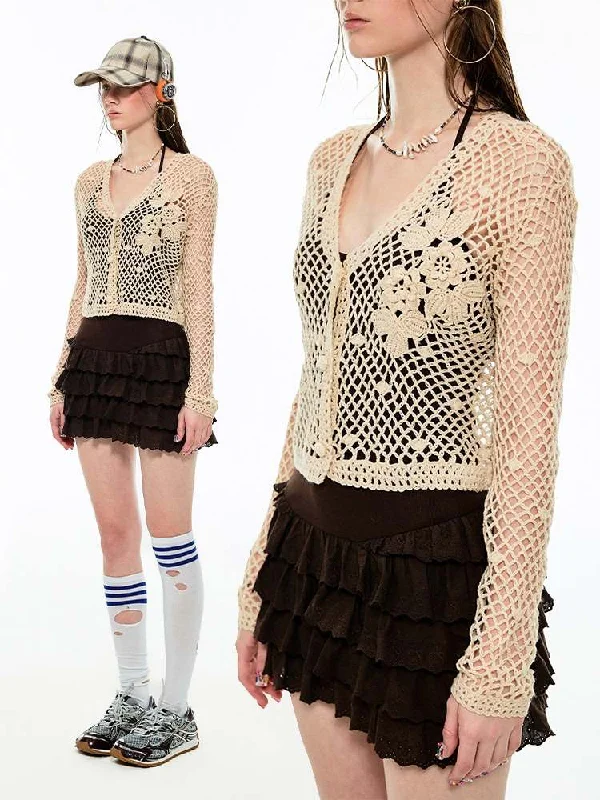 Extra Savings Crochet Floral V-Neck Cardigan [S0000009181]