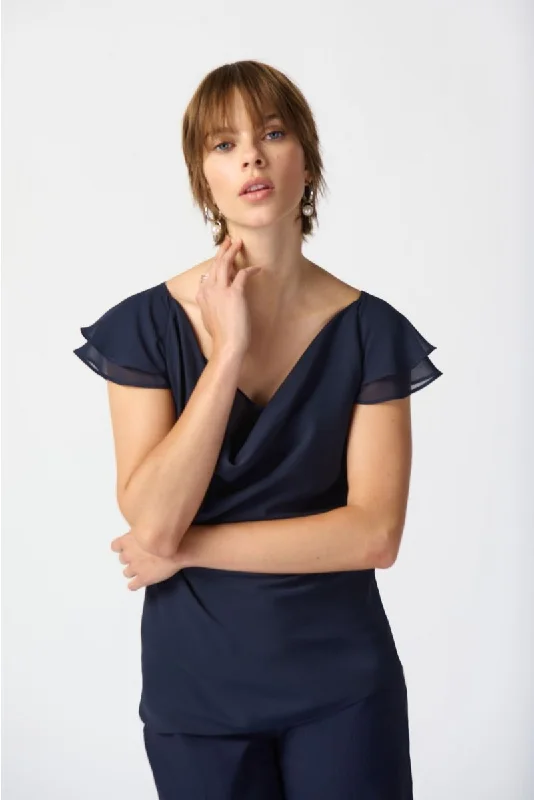 Extra Discounts Joseph Ribkoff Midnight Blue Cowl Neck Tiered Flutter Sleeve Top 241177