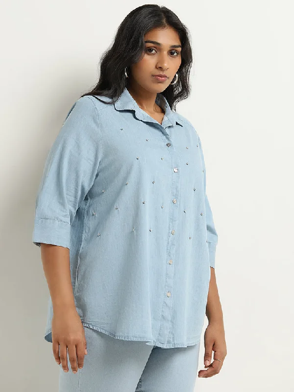 Deal Alert Gia Light Blue Diamante Cotton Shirt