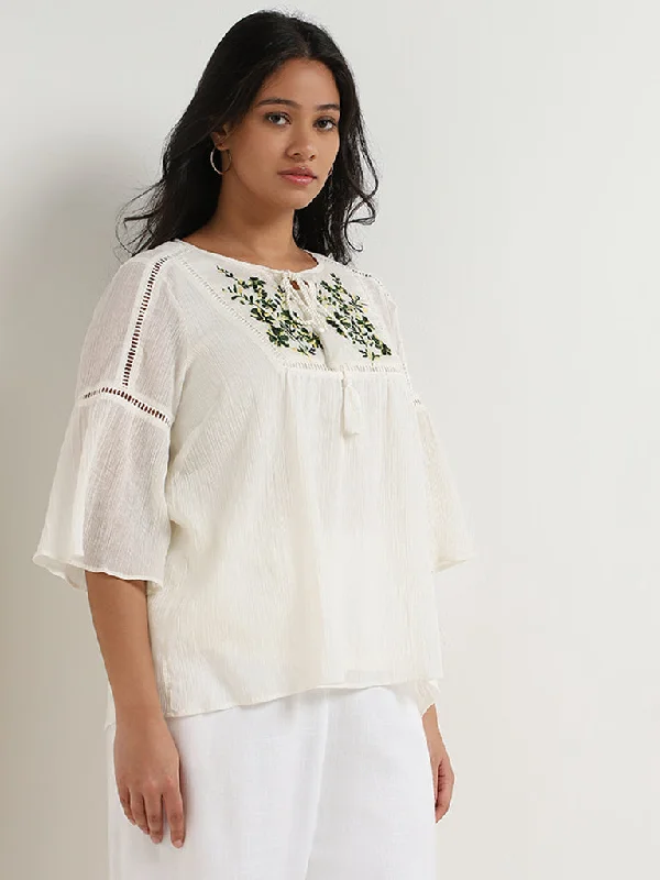 Weekend Savings Spectacular Gia Off-White Floral Embroidered Cotton Blouse
