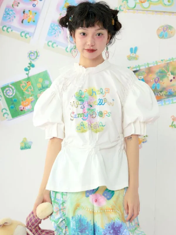Deal Explosion Lace Drawstring Bubble Sleeve White Tee [S0000009080]