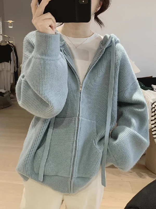 Weekend Flash Sale Blue loose zipper sweater for women knitted cardigan      S3407