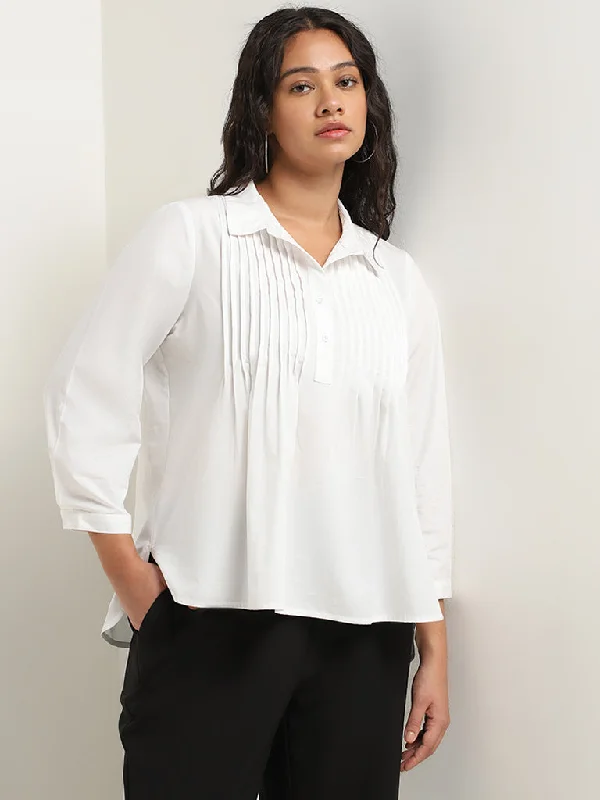 Early Access Gia White Cotton Pintuck Detailed Blouse
