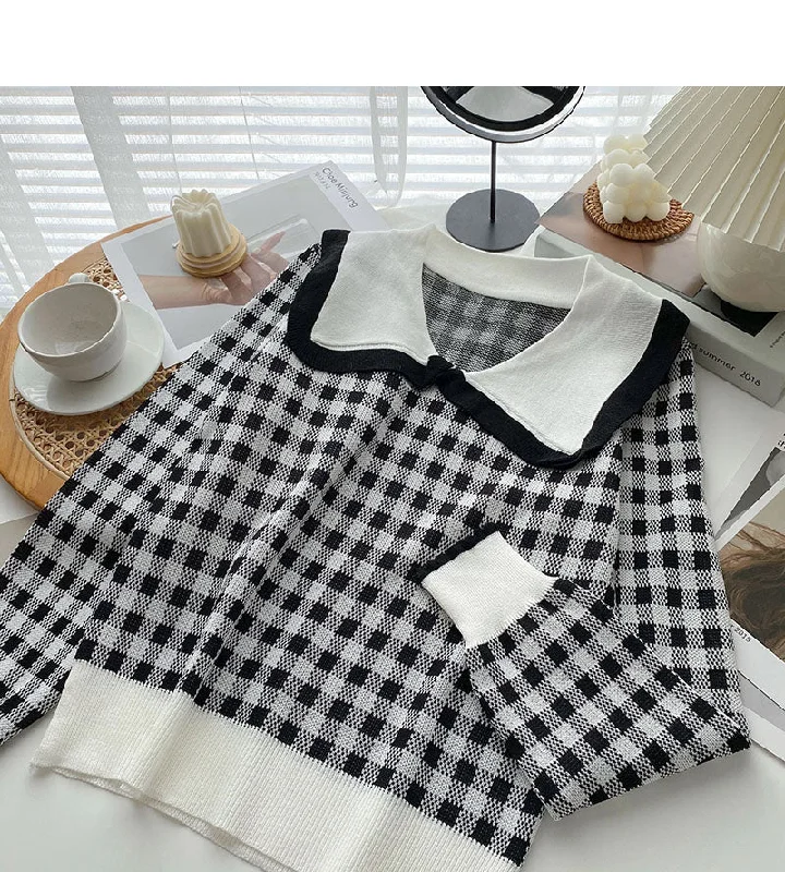 Massive Deal Aging sweet contrast checked doll collar Pullover Top  6678