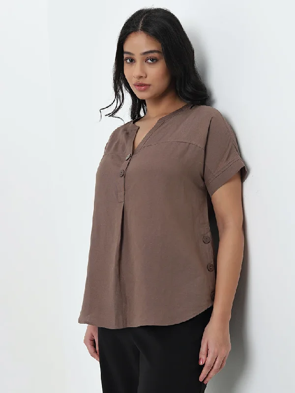 Savings Spectacular Gia Dark Brown Solid Blended Linen Blouse
