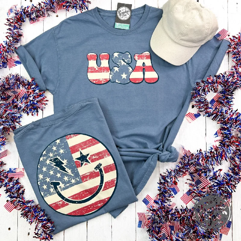 Incredible Offers USA Smiley Face Comfort Wash Short Sleeve Tee