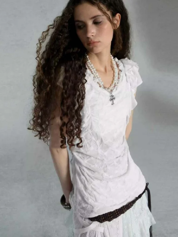 Stock Clearance Spider Web Ruffle Round Neck Tee [S0000009017]