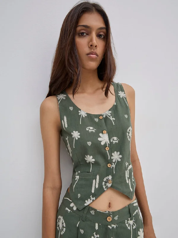 Must-Have Deals Bombay Paisley Olive Waistcoat-Style Cotton Blend Top