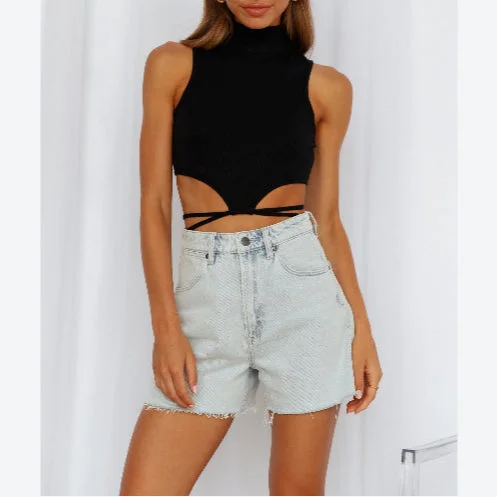 Weekend Deals That Dazzle Plain Sleeveless Mock Neck Backless Lace Up Rib Knit Wholesale Corp Tops Summer