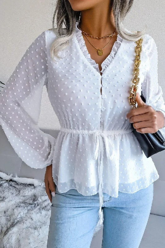 The Best Prices LANTERN SLEEVE RUFFLED SWISS DOT CHIFFON TUNIC